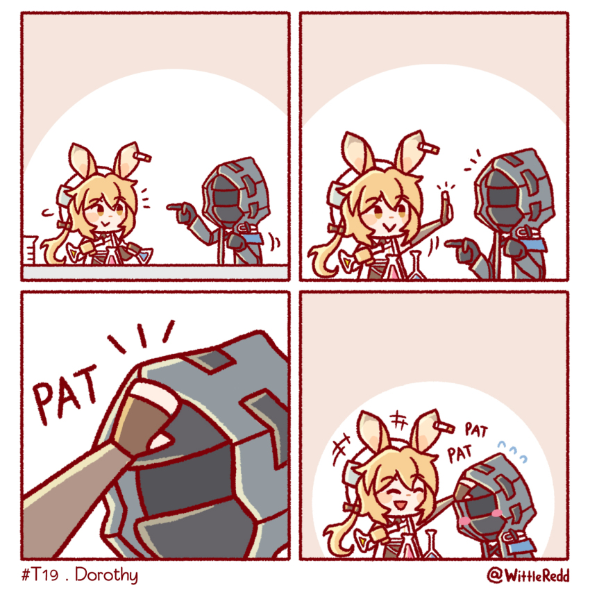 1girl 1other 4koma ambiguous_gender animal_ears arknights asymmetrical_gloves beaker black_coat black_gloves black_jacket blonde_hair blush chibi coat comic commentary doctor_(arknights) dorothy_(arknights) ear_tag english_commentary english_text flask gloves headpat helm helmet highres hood hood_up hooded_coat hooded_jacket jacket long_hair low_ponytail mismatched_gloves mouse_ears mouse_girl ponytail smile test_tube twitter_username very_long_hair volumetric_flask white_coat white_headwear wittle_red yellow_eyes yellow_gloves