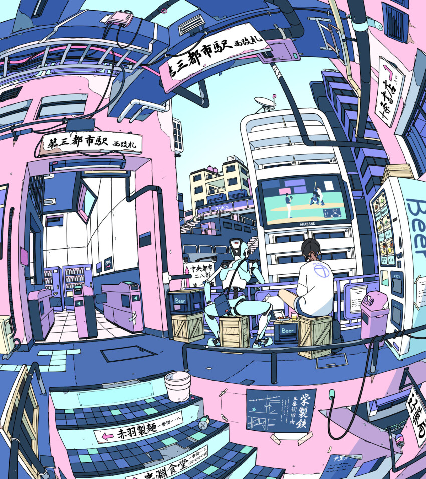 1girl akabane_1999 android architecture baseball baseball_cap billboard bucket building city complex_exterior crate english_text from_behind hat highres original outdoors robot satellite_dish scenery shirt shorts sign sitting sky solo stairs table television tiles translation_request trash_can vending_machine watching_television white_shirt wide_shot window