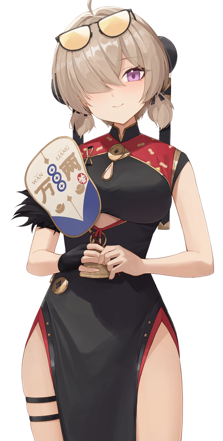 1girl absurdres ahoge blonde_hair breasts bun_cover china_dress chinese_clothes clothing_cutout commentary cowboy_shot cutout_above_navel double_bun dress eyewear_on_head fingerless_gloves gloves hair_bun hair_over_one_eye hand_fan highres holding holding_fan light_blush looking_at_viewer medium_breasts medium_hair purple_eyes short_twintails simple_background single_fingerless_glove smile solo thigh_strap twintails weimiaw white_background zenless_zone_zero