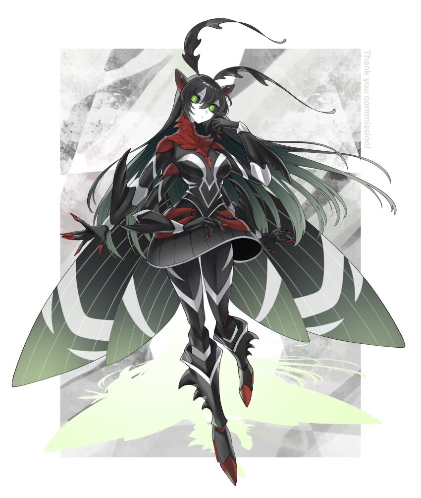 1girl arthropod_girl black_dress black_hair black_sclera breasts carapace colored_sclera colored_skin commission dress extra_arms full_body gradient_hair green_eyes green_hair high_heels highres insect_girl insect_wings long_hair looking_at_viewer medium_breasts moth_antennae moth_girl moth_wings multicolored_hair original ruteko_(ruko220) skeb_commission slit_pupils solo two-tone_hair white_skin wings