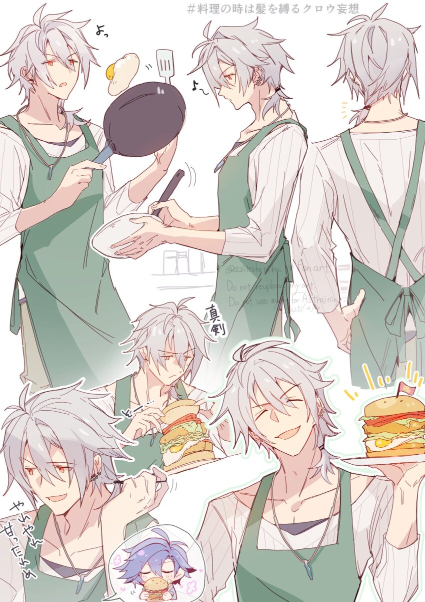 2boys ahoge apron azitsukeniku blue_hair burger chibi cooking crow_armbrust double-parted_bangs eating eiyuu_densetsu food fried_egg frying_pan hair_between_eyes highres holding holding_frying_pan holding_spatula jewelry kai_no_kiseki kuro_no_kiseki_(series) mullet multiple_boys pendant ponytail rean_schwarzer red_eyes sen_no_kiseki_(series) short_ponytail smile spatula white_hair