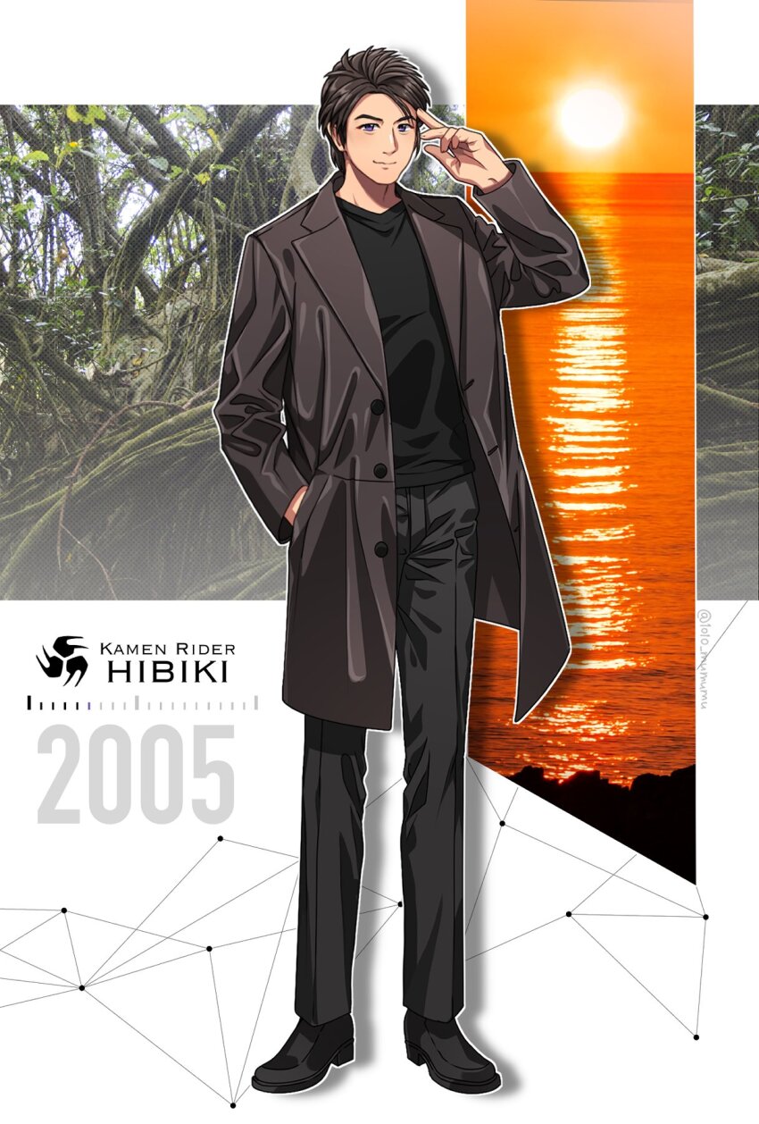 1010_mumumu 1boy 2005 black_footwear brown_jacket copyright_name denim forest grey_pants hidaka_hitoshi highres jacket jeans kamen_rider kamen_rider_hibiki_(series) long_hair male_focus mature_male nature ocean pants purple_eyes standing sunset