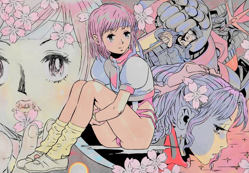 1boy 2girls absurdres amano_kazumi blue_headband breasts brown_eyes brown_hair closed_mouth hat headband highres leotard mecha medium_breasts multiple_girls oota_kouichirou pink_leotard retro_artstyle robot short_hair takaya_noriko top_wo_nerae! top_wo_nerae!_(series) wristband yasuda_akira