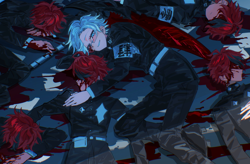 6+boys aotsuki_eito armband belt belt_pouch black_hair black_jacket black_pants black_shoes blood blood_on_face blood_on_ground blood_on_hands blue_eyes clone closed_mouth commentary english_commentary face_down glasses grin hand_on_own_chest highres jacket kilo782524 last_defense_academy_school_uniform lying male_focus multicolored_hair multiple_boys on_back on_stomach pants pouch red_hair school_uniform semi-rimless_eyewear shoes short_hair smile streaked_hair sumino_takumi the_hundred_line_-last_defense_academy- two-tone_hair white_armband white_belt white_hair