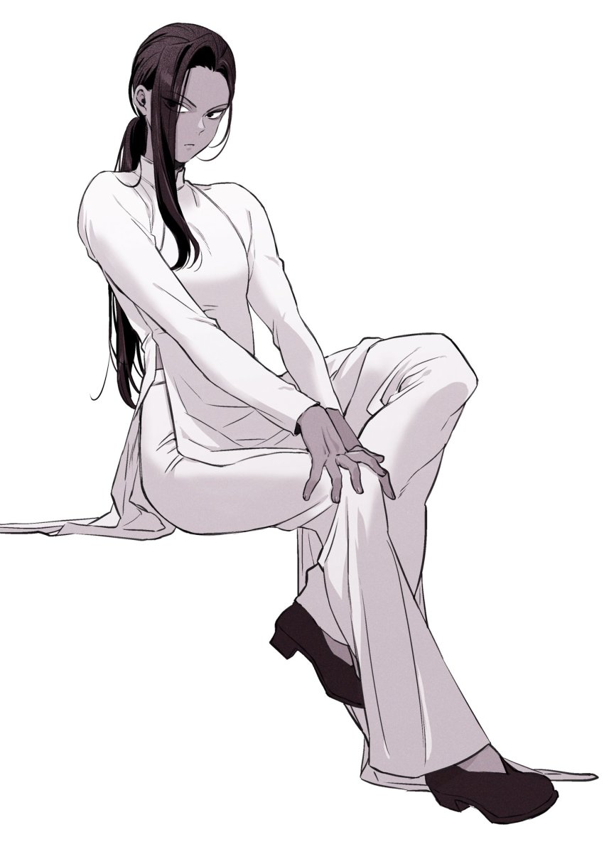 1boy alternate_costume alternate_hairstyle annoyed ao_dai black_hair bun_(jewd5385) closed_mouth dark-skinned_male dark_skin dress eyes_visible_through_hair full_body hair_over_one_eye hands_on_own_knee highres jamil_viper leg_up loafers long_bangs long_hair long_sleeves looking_away low_ponytail monochrome pants ponytail sanpaku shoes sideways_glance simple_background sitting solo spread_fingers twisted_wonderland white_background white_dress white_pants