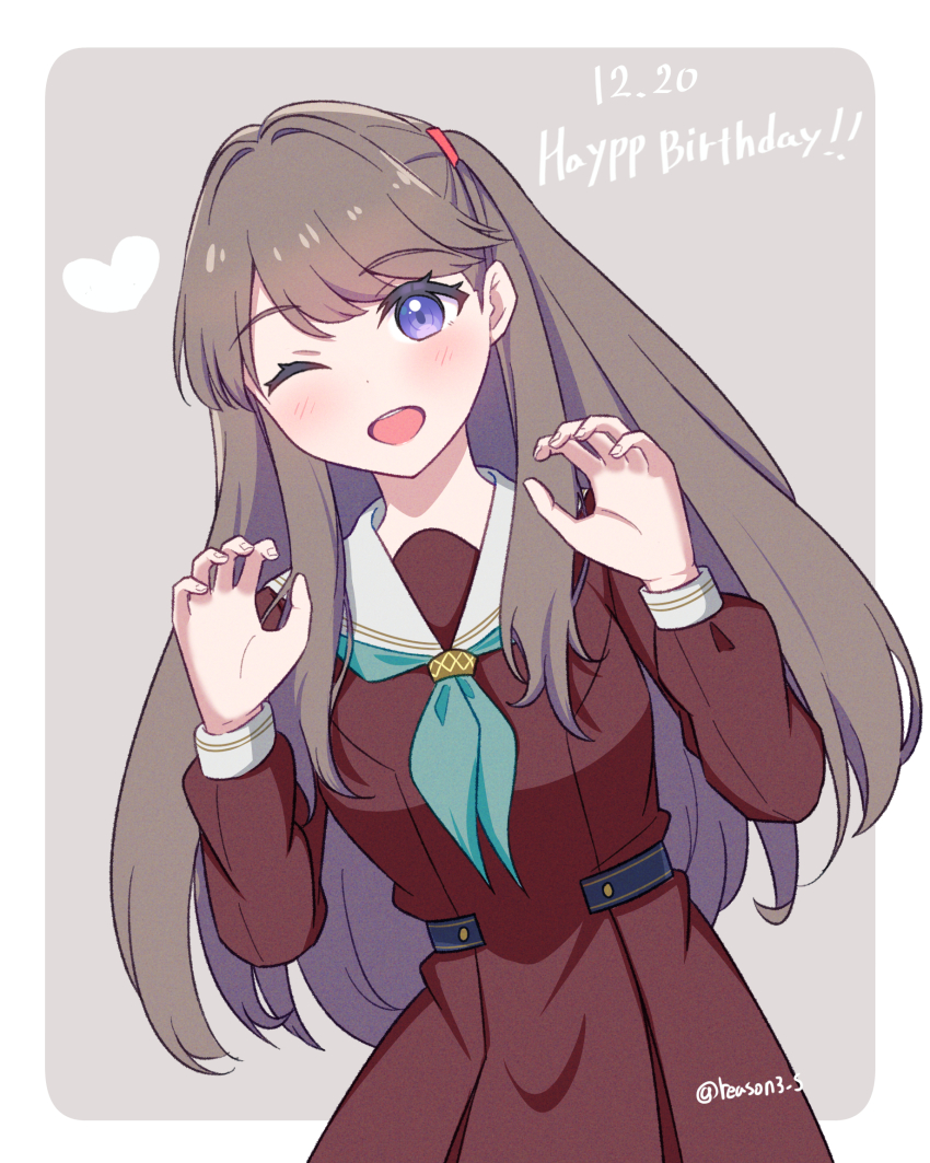 1girl ;d aqua_neckerchief border brown_dress brown_hair claw_pose commentary_request dated dress fujishima_megumi grey_background happy_birthday hasu_no_sora_school_uniform highres link!_like!_love_live! long_hair long_sleeves love_live! neckerchief one_eye_closed open_mouth outside_border purple_eyes reason3_s sailor_collar sailor_dress school_uniform simple_background smile solo teeth two_side_up upper_teeth_only virtual_youtuber white_border white_sailor_collar winter_uniform