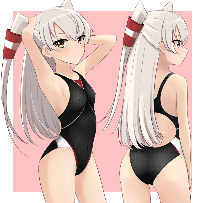 1girl absurdres amatsukaze_(kancolle) arms_behind_head black_one-piece_swimsuit breasts brown_eyes competition_swimsuit covered_erect_nipples cowboy_shot from_behind hair_tubes highres kantai_collection long_hair looking_at_viewer multiple_views nokonoko one-piece_swimsuit pink_background silver_hair small_breasts swimsuit two-tone_background two_side_up