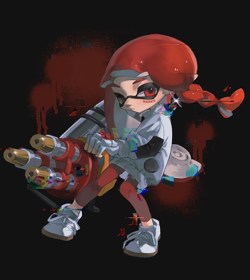 1girl aoi_(cariiiie) borrowed_character braid chinese_commentary closed_mouth commentary_request cross cross_earrings earrings expressionless fingerless_gloves full_body gloves highres holding holding_weapon hydra_splatling_(splatoon) inkling inkling_girl inkling_player_character jacket jewelry long_hair nintendo red_eyes red_hair shoes solo splatoon_(series) weapon white_gloves white_jacket white_shoes