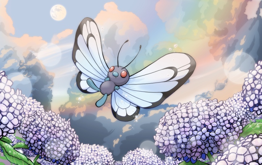 butterfree commentary_request creatures_(company) day fangs flower full_body game_freak gen_1_pokemon hydrangea moon nintendo no_humans orearia outdoors pokemon pokemon_(creature) pokemon_focus red_eyes sky solo water_drop