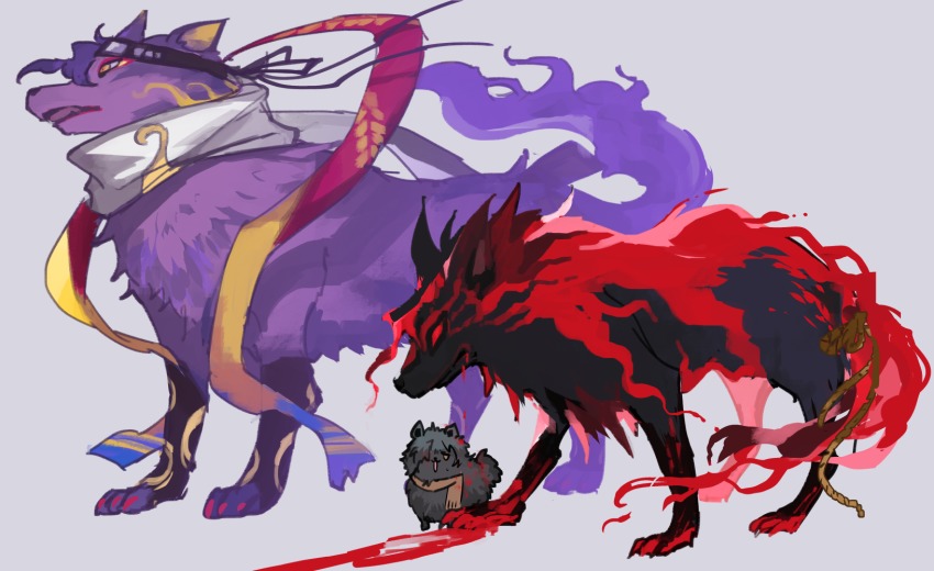 animalization blood blood_from_mouth dog fate/grand_order fate_(series) grey_background gurekan25 hair_over_one_eye headband highres multiple_persona okada_izou_(dog)_(fate) okada_izou_(fate) okada_izou_(second_ascension)_(fate) okada_izou_(third_ascension)_(fate) orange_eyes red_eyes scarf