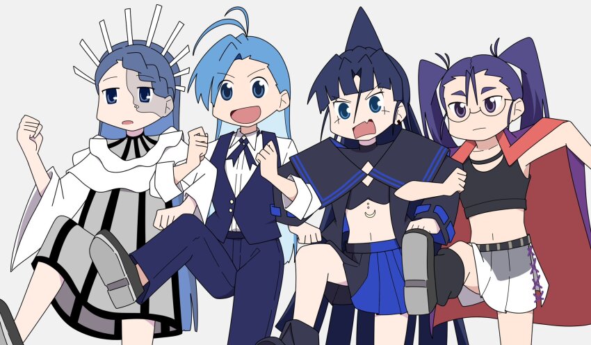 4girls ado_(utaite) ahoge black_footwear black_leg_warmers black_shirt black_skirt black_tank_top blue_eyes blue_hair blue_pants blue_ribbon blue_skirt blue_vest boots braid braided_bangs closed_mouth collared_shirt dress fang gira-gira-chan_(ado) gira_gira glasses grey_background grey_dress hair_between_eyes highres hyadain_no_joujou_yuujou jacket jacket_on_shoulders leg_warmers locked_arms long_hair long_sleeves merry_(ado) multiple_girls naima_(ado) navel neck_ribbon nichijou nori_(norinori_yrl) odo-chan_(ado) odo_(song) open_clothes open_mouth open_shirt pants parody pleated_skirt ponytail purple_eyes purple_hair purple_jacket readymade_(ado) ribbon semi-rimless_eyewear shirt simple_background skin_fang skirt three-quarter_sleeves standing standing_on_one_leg stomach tank_top twintails two-tone_skirt under-rim_eyewear usseewa very_long_hair vest white_shirt white_skirt