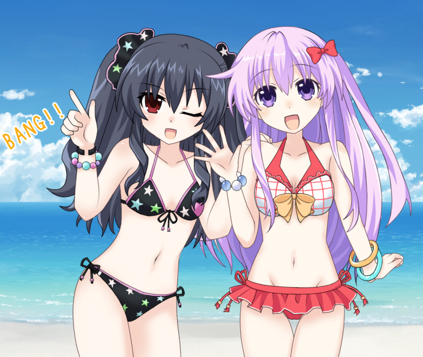 bangle bare_shoulders bikini black_hair bracelet breasts cleavage cloud happy jewelry long_hair navel nel_6108 nepgear neptune_(series) ocean one_eye_closed open_mouth purple_eye purple_hair red_eyes ribbon sand scrunchy sky small_breasts swimsuit thighs twintails two_side_up uni_(neptunia) water waving wink