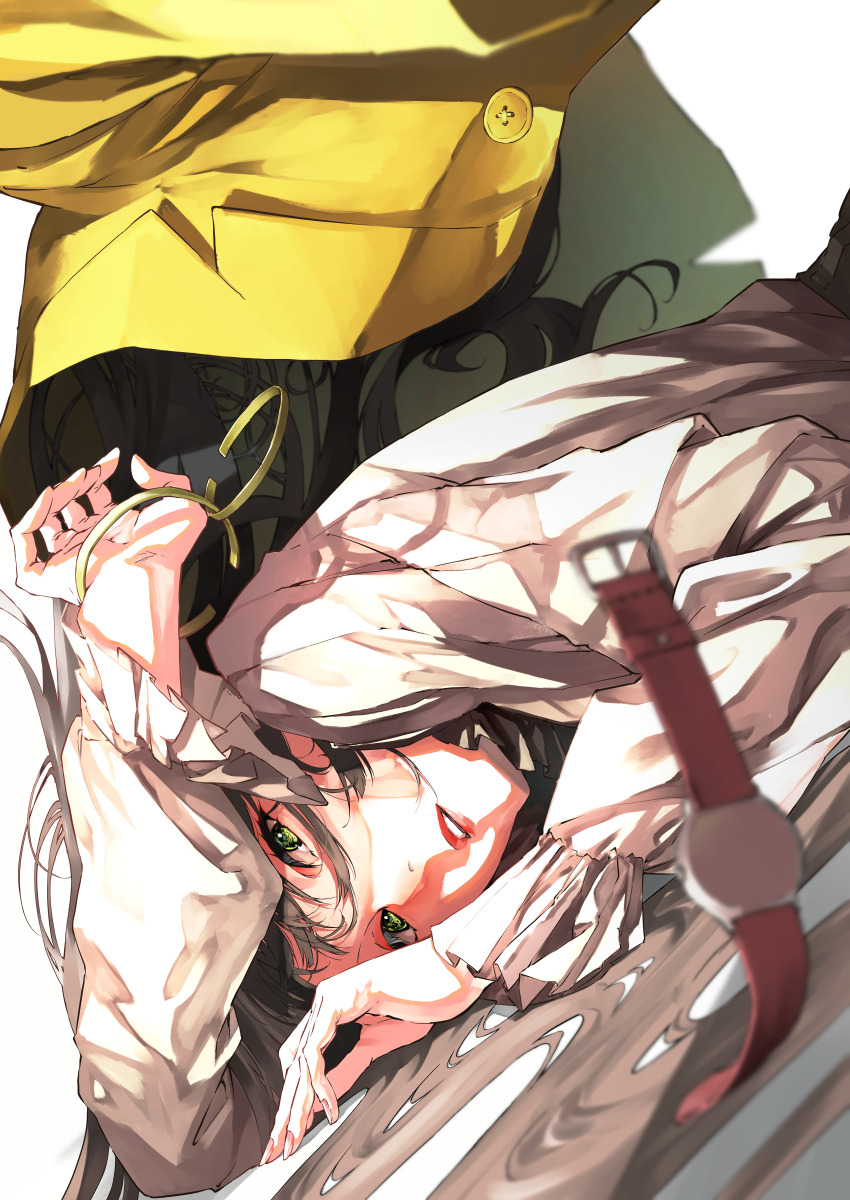 1girl absurdres blurry blurry_foreground brown_hair coat commentary dutch_angle green_eyes highres long_hair long_sleeves looking_at_viewer lying nico-tine on_side original parted_lips red_lips shirt simple_background solo unworn_coat watch white_background white_shirt wristwatch yellow_coat