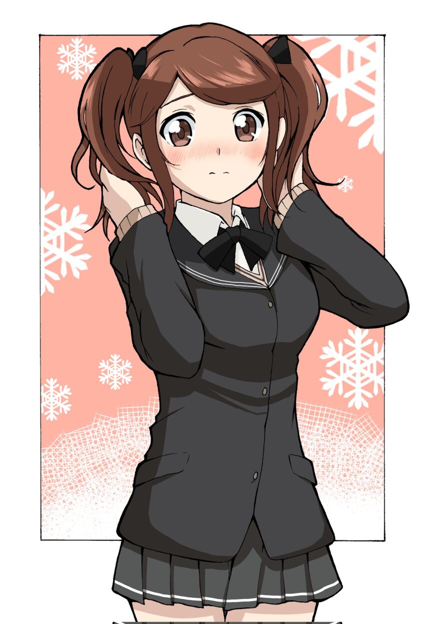 1girl amagami black_bow black_bowtie blush bow bowtie brown_eyes brown_hair cardigan collared_shirt cowboy_shot emapippi hands_in_own_hair highres looking_at_viewer miniskirt nakata_sae pleated_skirt school_uniform shirt skirt snowflake_print solo twintails