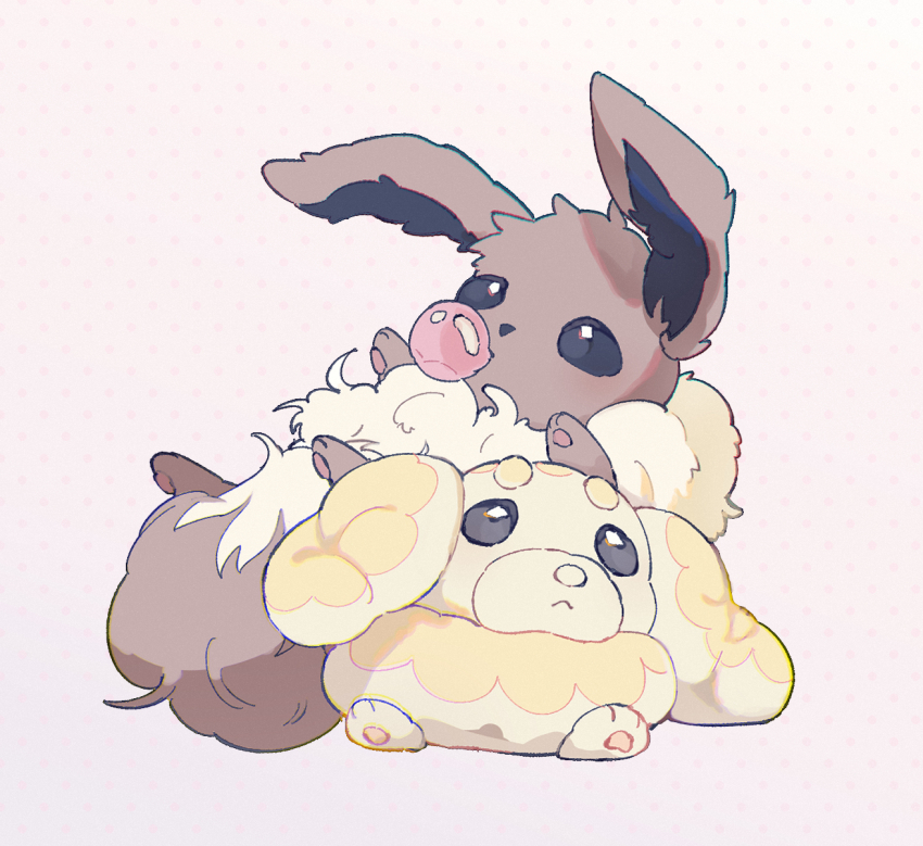 :&lt; animal_focus animal_hands black_eyes brown_fur chewing_gum cyauken_(ouahloup) eevee fidough food-themed_creature food_as_ears full_body gen_1_pokemon highres looking_at_viewer neck_fur nintendo no_humans pawpads pokemon pokemon_(creature) simple_background white_background yellow_fur