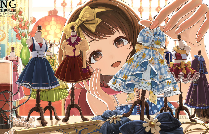 1girl blue_dress blush brown_hair commentary_request dress fingernails head_tilt highres idolmaster idolmaster_cinderella_girls looking_at_object lvetica mannequin miniature nagatomi_hasumi polka_dot polka_dot_dress short_hair sleeveless smile solo
