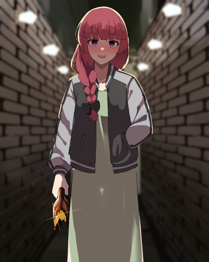 1girl absurdres arm_at_side black_jacket blood blurry blurry_background blush bocchi_the_rock! bottle bow braid braided_ponytail broken_bottle commentary dress drive_(movie) drunk english_commentary feet_out_of_frame gar32 glint green_dress hair_bow hand_in_pocket highres hiroi_kikuri holding holding_bottle jacket long_hair long_sleeves looking_at_viewer open_clothes open_jacket open_mouth purple_eyes sharp_teeth smile solo standing teeth upper_teeth_only