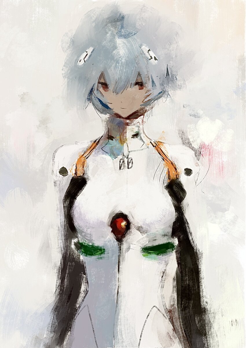1girl ayanami_rei blue_hair bodysuit breasts expressionless formal_clothes fuyumurasaki hair_between_eyes highres mecha_pilot_suit neon_genesis_evangelion plugsuit_(evangelion) red_eyes short_hair sketch solo standing suit upper_body white_suit