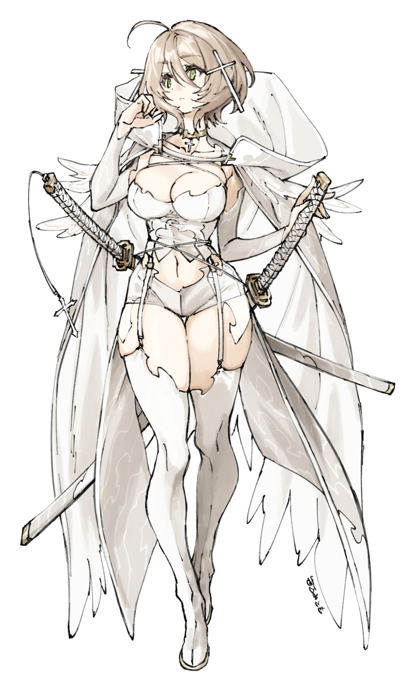 1girl absurdres ahoge boots breasts brown_choker brown_hair cape choker cleavage commentary_request cross cross_choker cross_hair_ornament full_body garter_straps hair_between_eyes hair_ornament highres holding holding_behind_back holding_sword holding_sword_behind_back holding_weapon holding_weapon_behind_back inverted_cross katana large_breasts looking_to_the_side navel original sasami_(ki) short_hair simple_background solo sword thigh_boots thigh_gap weapon white_background white_boots white_cape