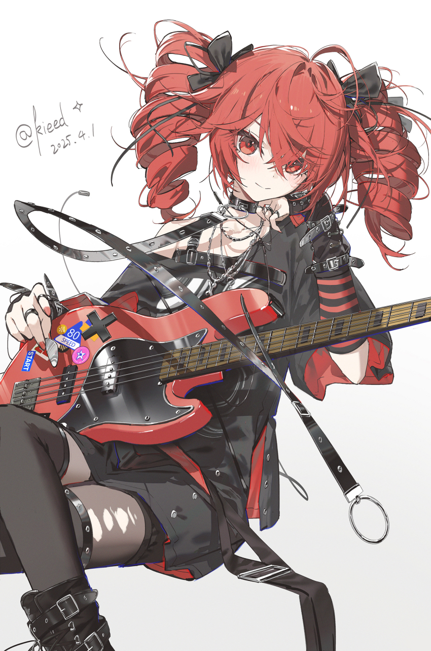 1girl absurdres bass_guitar black_boots black_choker black_shirt boots choker crossed_legs drill_hair duplicate fender_jazz_bass hair_ribbon highres holding holding_plectrum instrument invisible_chair kasane_teto kieed long_hair pantyhose plectrum red_eyes red_hair red_nails ribbon shirt sitting smile solo torn_clothes torn_pantyhose twin_drills utau