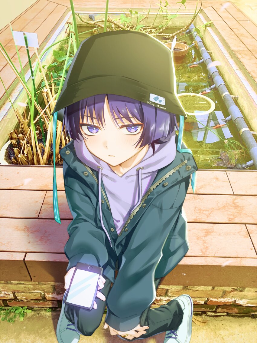 1boy absurdres alternate_costume animal_print aqua_coat aqua_sleeves bamboo blue_pupils blunt_ends blush bucket_hat casual cellphone closed_mouth coat contemporary cross-laced_shoes drawstring eyeliner eyeshadow fingernails fish_print from_above genshin_impact gold_ring green_hat green_pants hag_(hag_015) hand_on_own_knee hat highres holding holding_phone hood hoodie indoors industrial_pipe leaf light_blush long_sleeves looking_at_viewer makeup male_focus middle_ring pants parted_bangs partially_unbuttoned phone plant pond purple_eyes purple_hair purple_hoodie red_eyeliner red_eyeshadow reflection scaramouche_(genshin_impact) shoes sneakers solo tsurime twitter_username water white_shoes wispy_bangs
