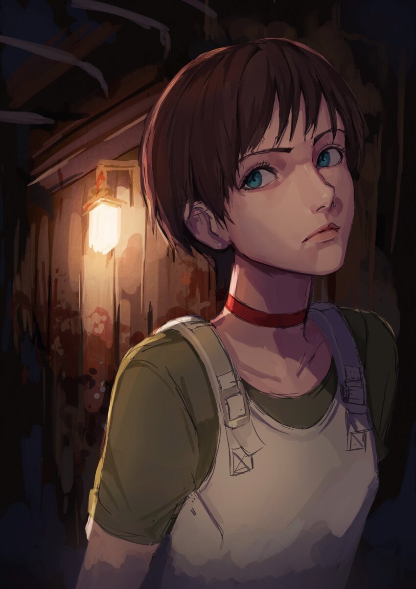1girl blue_eyes brown_hair bulletproof_vest choker closed_mouth collarbone highres lips looking_to_the_side nasubin_(nasubisamurai15) rebecca_chambers resident_evil short_hair solo