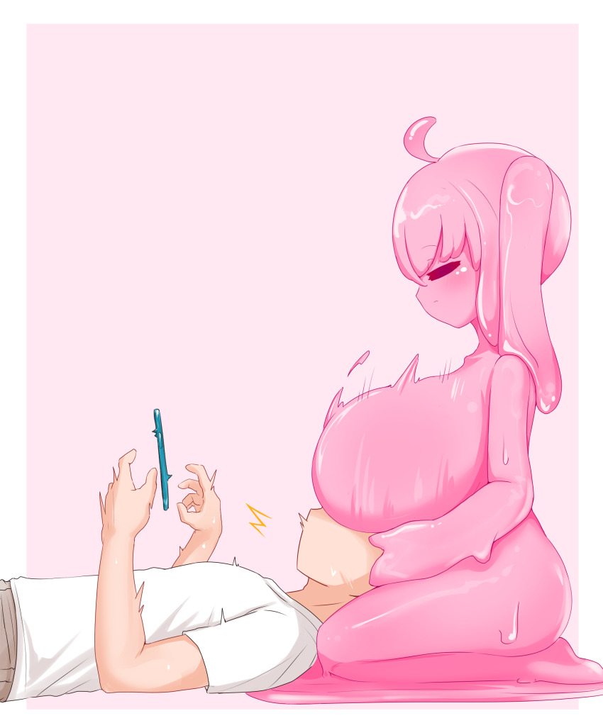 1boy 1girl absurdres arm_support barefoot blush breast_rest breast_smother breasts breasts_on_head cellphone closed_eyes collarbone colored_skin creature face_to_breasts hair_between_eyes hand_on_another&#039;s_head highres hikyou_takarasou holding holding_phone lap_pillow large_breasts liquid_hair long_hair looking_at_another monster monster_girl no_nipples nude open_mouth original phone pink_background pink_skin shirt short_sleeves sitting slime_(creature) slime_(substance) slime_girl t-shirt twintails wariza white_shirt