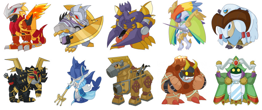 absurdres ancientbeatmon ancientgarurumon ancientgreymon ancientirismon ancientmegatheriumon ancientmermaimon ancientsphinxmon ancienttroiamon ancientvolcamon ancientwisemon digimon digimon_frontier dual_wielding highres holding horns incredibly_absurdres mask mermaid mirror monster_girl polearm simple_background ten_legendary_warriors trident weapon white_background wings yellow_eyes