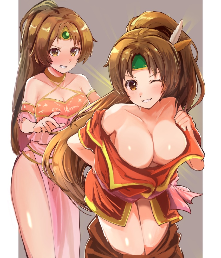 1boy 1girl bare_shoulders blush breasts brown_eyes brown_hair circlet cleavage collarbone commission dress embarrassed fire_emblem fire_emblem:_shadow_dragon_and_the_blade_of_light fire_emblem_heroes full-face_blush green_headband grin harukan_(user_erc1010) headband highres jacket large_breasts linde_(fire_emblem) long_hair nintendo one_eye_closed pink_dress pixiv_commission ponytail red_jacket side_slit smile transformation very_long_hair xane_(fire_emblem)