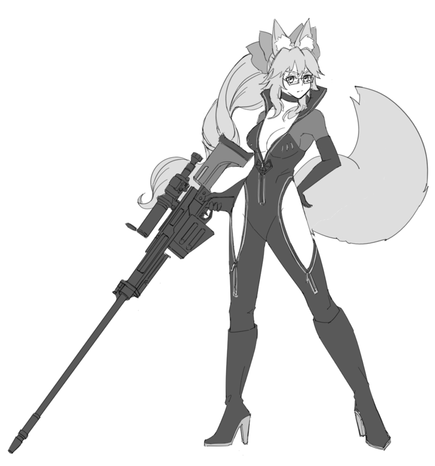1girl absurdres animal_ears bodysuit boots bow choker clothing_cutout collar collared_suit fate/grand_order fate_(series) fox_ears fox_tail glasses gun hair_bow hand_on_own_hip high_heels highres holding holding_gun holding_weapon just_we knee_boots koyanskaya_(fate) long_hair original scope serious solo solo_focus tail tamamo_(fate) thigh_cutout v-neck weapon zipper