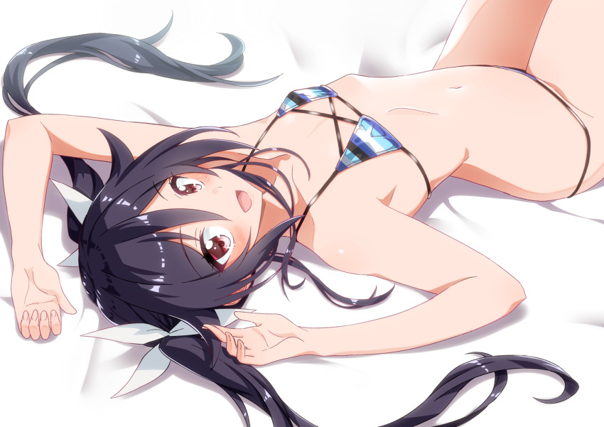 1girl bare_shoulders bikini black_hair blush breasts flat_chest hair_between_eyes hair_ribbon highres long_hair looking_at_viewer navel open_mouth ore_twintail_ni_narimasu red_eyes ribbon small_breasts solo swimsuit tsube_aika twintails yuto_(dialique)