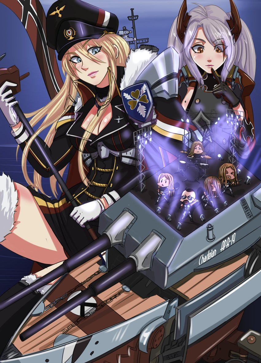 2girls 5boys absurdres azur_lane bismarck_(azur_lane) black_legwear blonde_hair blue_eyes breasts charleian cleavage cross drum drum_set drumsticks electric_guitar finger_to_mouth flag flag_print gloves guitar hair_between_eyes hat headgear highres instrument iron_cross long_hair military military_uniform mole mole_on_breast multicolored_hair multiple_boys multiple_girls prinz_eugen_(azur_lane) real_life red_hair rigging rock_band sabaton_(band) sideboob silver_hair streaked_hair sunglasses two_side_up