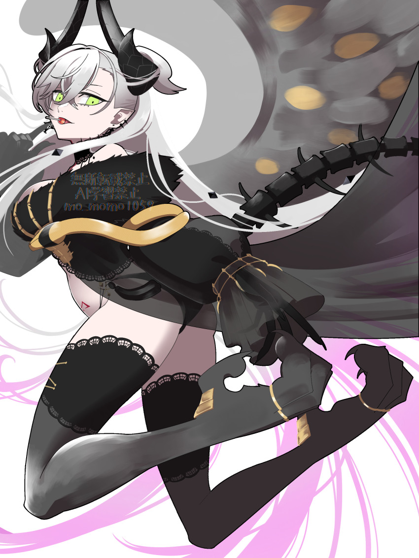 1girl absurdres black_panties breasts commentary demon_girl demon_horns demon_tail demon_wings english_commentary fate/grand_order fate_(series) green_eyes grey_hair grey_wings highres horns large_breasts lilith_(fate) lilith_(third_ascension)_(fate) long_hair ogachin panties sitting skeletal_hand snake solo tail underwear white_background wings