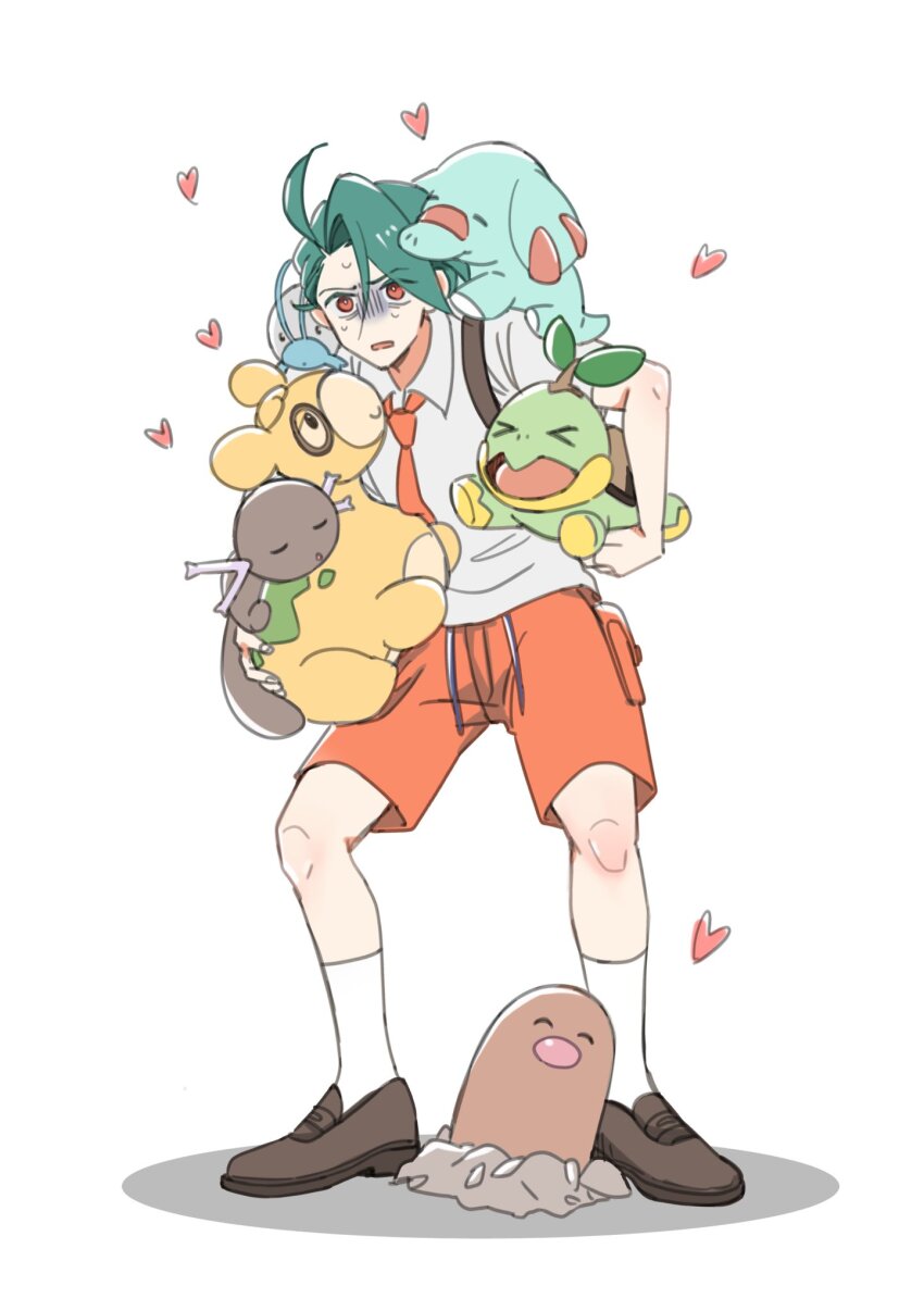 &gt;_&lt; 1girl :o =_= ^_^ ahoge alternate_costume androgynous backpack bag barboach brown_footwear carrying carrying_under_arm closed_eyes collared_shirt commentary cosplay diglett full_body game_freak gen_1_pokemon gen_2_pokemon gen_3_pokemon gen_4_pokemon green_hair heavy highres holding holding_pokemon juliana_(pokemon) juliana_(pokemon)_(cosplay) kneehighs legs_apart loafers necktie nikomako-riff nintendo numel on_shoulder open_mouth orange_necktie orange_shorts paldean_wooper phanpy pokemon pokemon_(creature) pokemon_on_shoulder pokemon_sv red_eyes rika_(pokemon) shirt shoes short_hair shorts simple_background socks standing swept_bangs turtwig white_background white_shirt white_socks