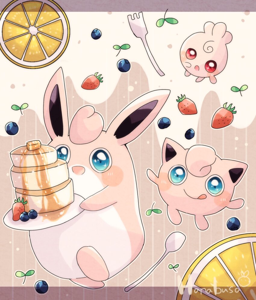 :d :o animal_focus blue_eyes blueberry butter colored_skin commentary_request creatures_(company) evolutionary_line food fork fruit game_freak gen_1_pokemon gen_2_pokemon hanabusaoekaki highres holding holding_plate igglybuff jigglypuff letterboxed maple_syrup nintendo no_humans open_mouth orange_(fruit) orange_slice pancake pink_background pink_skin plate pokemon pokemon_(creature) red_eyes smile souffle_pancake spoon strawberry striped_background tongue tongue_out wigglytuff