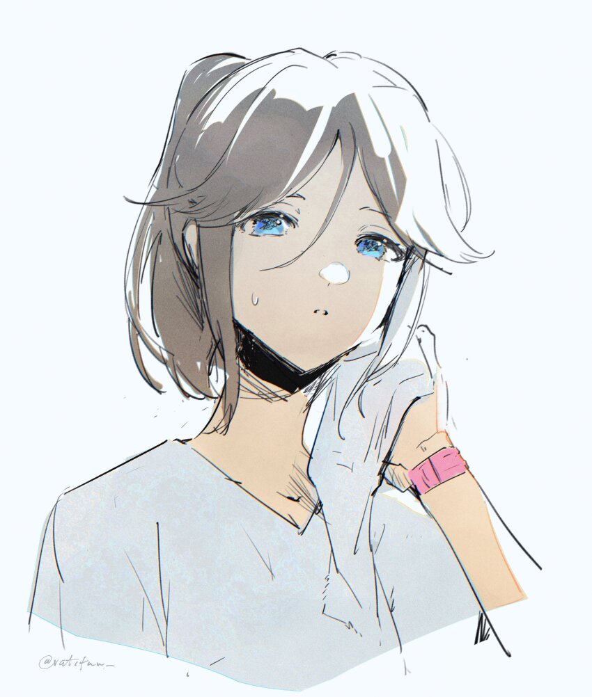 1girl absurdres black_hair blue_eyes hibike!_euphonium highres kasaki_nozomi long_hair ponytail ratifuu shirt short_sleeves simple_background solo sweat sweatdrop towel upper_body watch white_background white_shirt wristwatch