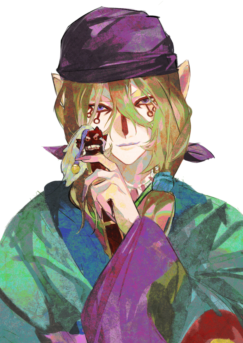 1boy absurdres bandana blonde_hair facepaint fui_(fui29493452) hair_tie highres japanese_clothes kimono kusuriuri_(mononoke) long_hair looking_at_viewer male_focus mononoke pointy_ears purple_eyes simple_background solo upper_body white_background