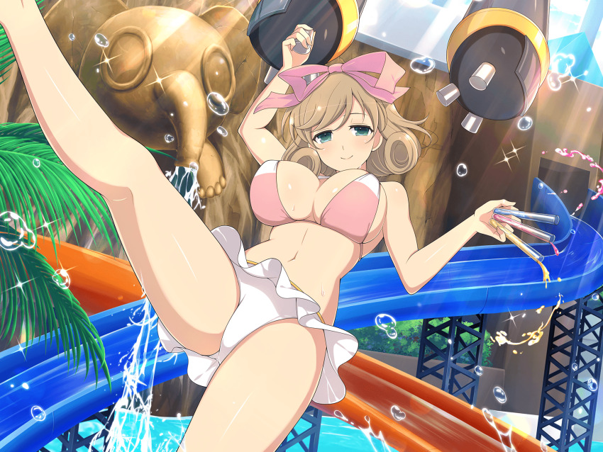 1girl bikini bikini_skirt blush bow breasts brown_hair bush chemicals cleavage curly_hair elephant_statue green_eyes groin hair_bow hair_ribbon half-closed_eyes haruka_(senran_kagura) highres holding holding_test_tube indoors large_breasts light_particles linea_alba looking_at_viewer mechanical_arms midair navel official_art palm_leaf palm_tree pink_bikini pink_bow plant pool ribbon robot senran_kagura senran_kagura_estival_versus senran_kagura_new_link senran_kagura_shoujo-tachi_no_shin&#039;ei shiny_skin short_hair slide smile solo sparkle swimsuit swimsuit_skirt test_tube tree vial water water_drop water_slide waterfall waterpark white_bikini yaegashi_nan