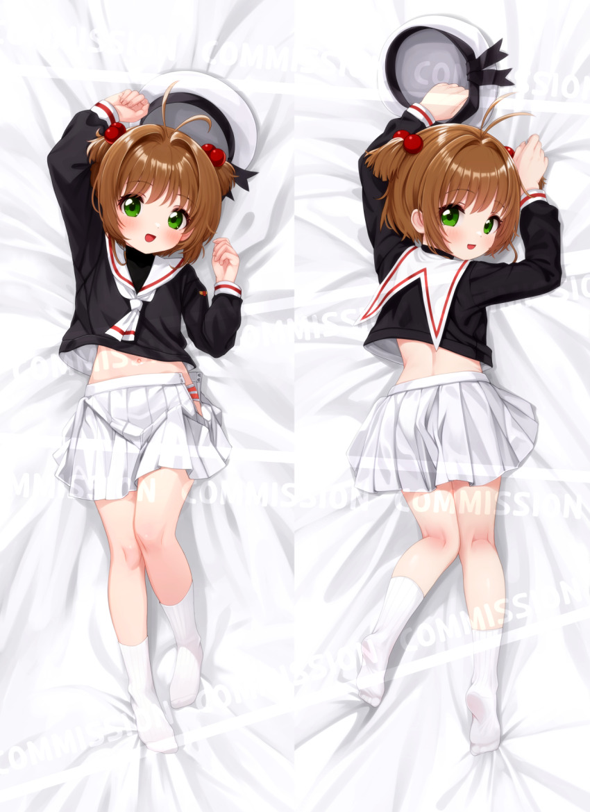 1girl brown_hair cardcaptor_sakura comodox dakimakura_(medium) green_eyes hair_bobbles hair_ornament hat highres kinomoto_sakura lying multiple_views open_mouth sample_watermark school_uniform skirt socks tomoeda_elementary_school_uniform unworn_headwear watermark white_skirt