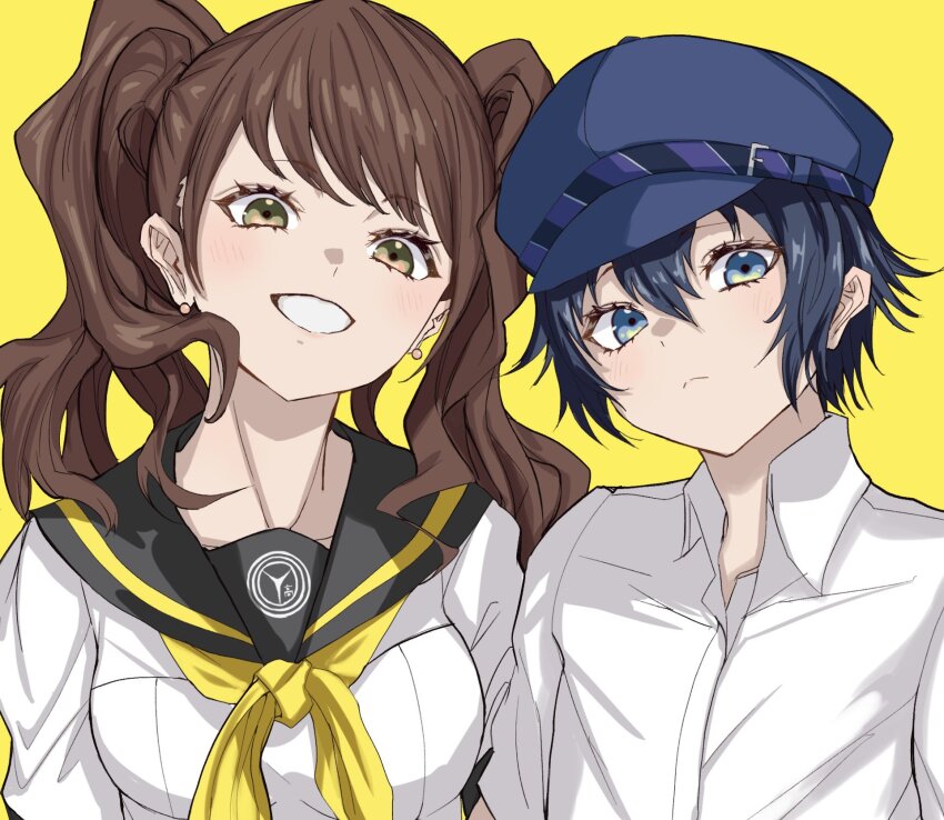 2girls androgynous black_sailor_collar blue_eyes blue_hair blue_hat blush brown_eyes brown_hair collared_shirt commentary_request grin hair_between_eyes hat height_difference highres kujikawa_rise long_hair multiple_girls neckerchief newsboy_cap persona persona_4 s-m-53413 sailor_collar school_uniform shirogane_naoto shirt short_hair short_sleeves simple_background smile twintails white_shirt yasogami_school_uniform yellow_background yellow_neckerchief