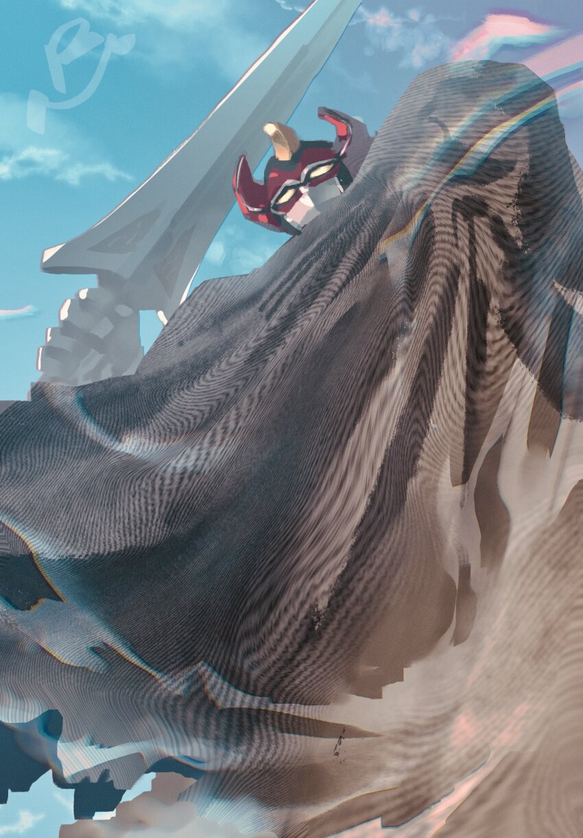 armor battle blue_sky cape cloud cloudy_sky daizyuzin day glowing glowing_eyes highres holding holding_sword holding_weapon horns kyouryuu_sentai_zyuranger looking_at_viewer mecha murasaki_no_ryuuki no.1_sentai_gozyuger no_humans outdoors robot sky standing super_robot super_sentai sword tokusatsu weapon yellow_eyes