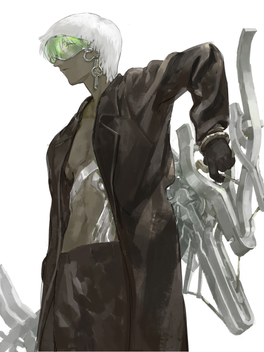 1boy absurdres black_coat black_gloves black_pants chenrong96 coat dark-skinned_male dark_skin gloves highres long_sleeves male_focus no_shirt original pants short_hair simple_background white_background white_hair