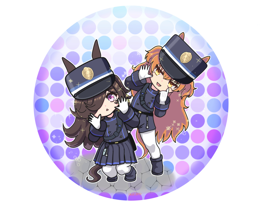 2girls absurdres animal_ears black_hat black_jacket black_shoes black_shorts black_skirt blue_archive blue_ribbon buttons chibi chibi_only conductor cosplay crime_prevention_buzzer double-breasted ears_through_headwear fang flipped_hair gloves hat hat_ribbon head_tilt highres hikari_(blue_archive) hikari_(blue_archive)_(cosplay) horse_ears horse_girl horse_tail hoshitani_mio iwami_manaka jacket kepi long_hair long_sleeves mayano_top_gun_(umamusume) military_hat multiple_girls nozomi_(blue_archive) nozomi_(blue_archive)_(cosplay) orange_eyes orange_hair pantyhose pleated_skirt pocotas pose_imitation purple_eyes ribbon rice_shower_(umamusume) school_emblem shoes shorts skin_fang skirt sparkle striped_ribbon swept_bangs tail triangle_mouth two-tone_ribbon two_side_up umamusume underwear voice_actor_connection white_gloves white_pantyhose white_ribbon
