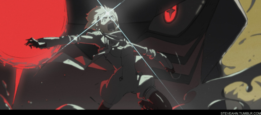 00s 1girl artist_name dix-neuf glowing glowing_eyes lal&#039;c_mellk_mal lens_flare mecha open_mouth robot scarf short_hair smoke steve_ahn thighhighs top_wo_nerae!_(series) top_wo_nerae_2! watermark web_address