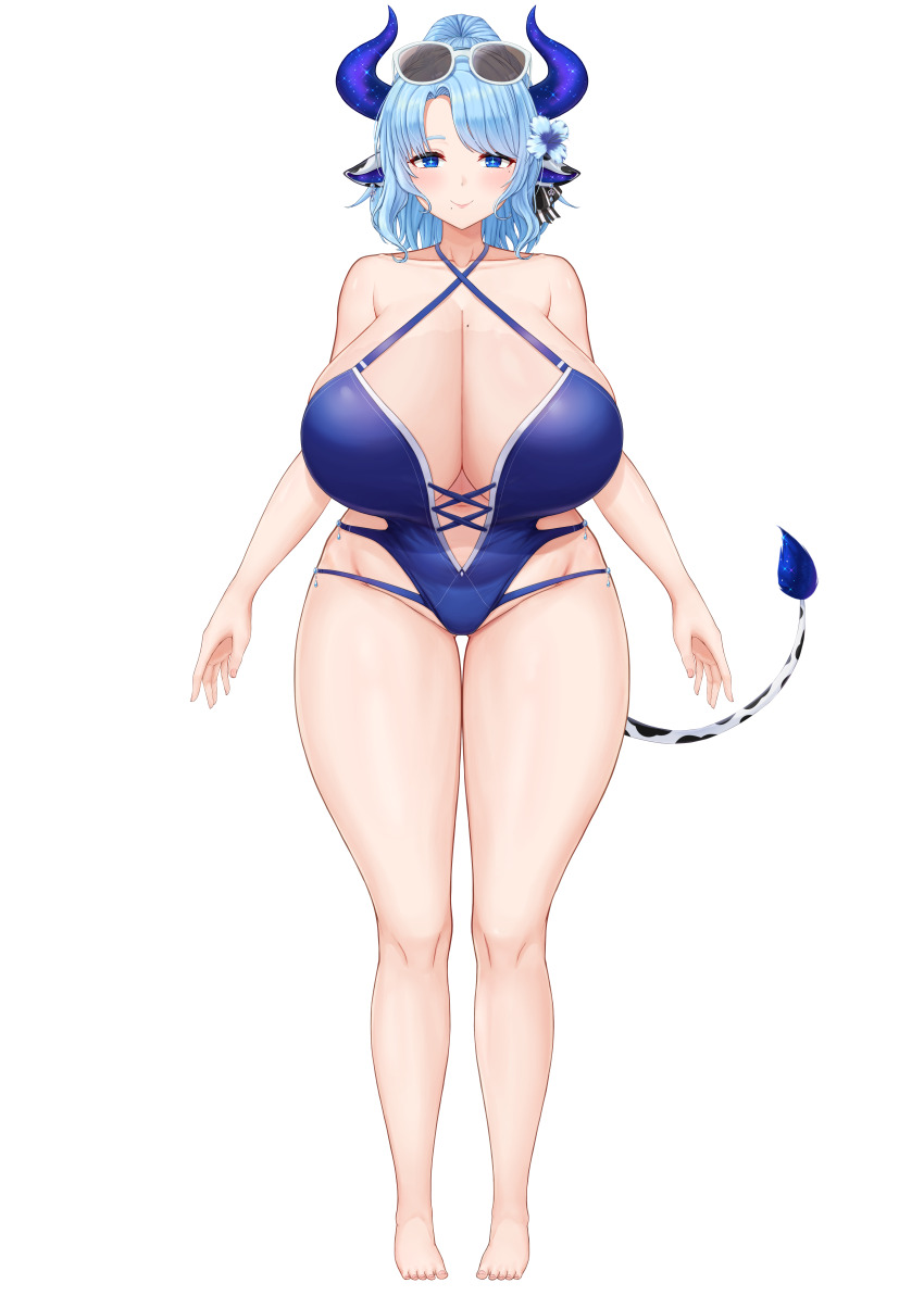 1girl absurdres animal_ears arms_at_sides bare_shoulders barefoot black_ribbon blue_eyes blue_flower blue_hair blue_one-piece_swimsuit blue_pupils breasts bright_pupils cleavage closed_mouth collarbone cow_ears cow_girl cow_tail cream_cod criss-cross_straps earrings eyewear_on_head flower frilled_thigh_strap full_body hair_flower hair_ornament hair_ribbon highres horns huge_breasts indie_virtual_youtuber jewelry miilkywayz mole mole_on_breast mole_under_eye mole_under_mouth navel official_art one-piece_swimsuit open_hands parted_bangs ribbon second-party_source see-through_clothes smile solo standing star-shaped_pupils star_(symbol) straight-on striped_ribbon sunglasses swimsuit symbol-shaped_pupils tachi-e tail thick_thighs thigh_strap thighs transparent_background virtual_youtuber white-framed_eyewear wide_hips