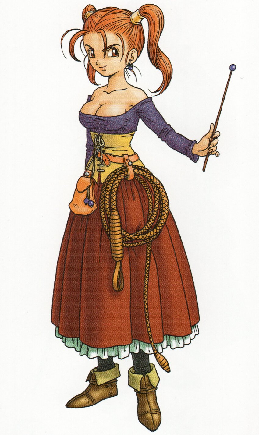 1girl absurdres bare_shoulders black_socks breasts brown_eyes cleavage collarbone corset dragon_quest dragon_quest_viii dress earrings full_body hair_tubes highres holding holding_wand jessica_albert jewelry large_breasts long_skirt long_sleeves looking_to_the_side official_art orange_hair pouch red_skirt scan skirt smirk socks solo sphere_earrings third-party_source toriyama_akira twintails wand whip white_background yellow_corset