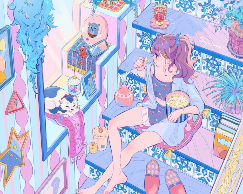 1girl ahoge animal artist_name black_eyes book candle cat cherry_print collarbone cup day eating fingernails fire food food_print fruit_print full_body holding indoors jacket long_hair looking_afar midriff nail_polish navel original picture_frame pink_nails plant ponytail popcorn potted_plant profile shirt shorts sitting slippers solo stairs sunlight tamiura_0422 toenail_polish toenails window