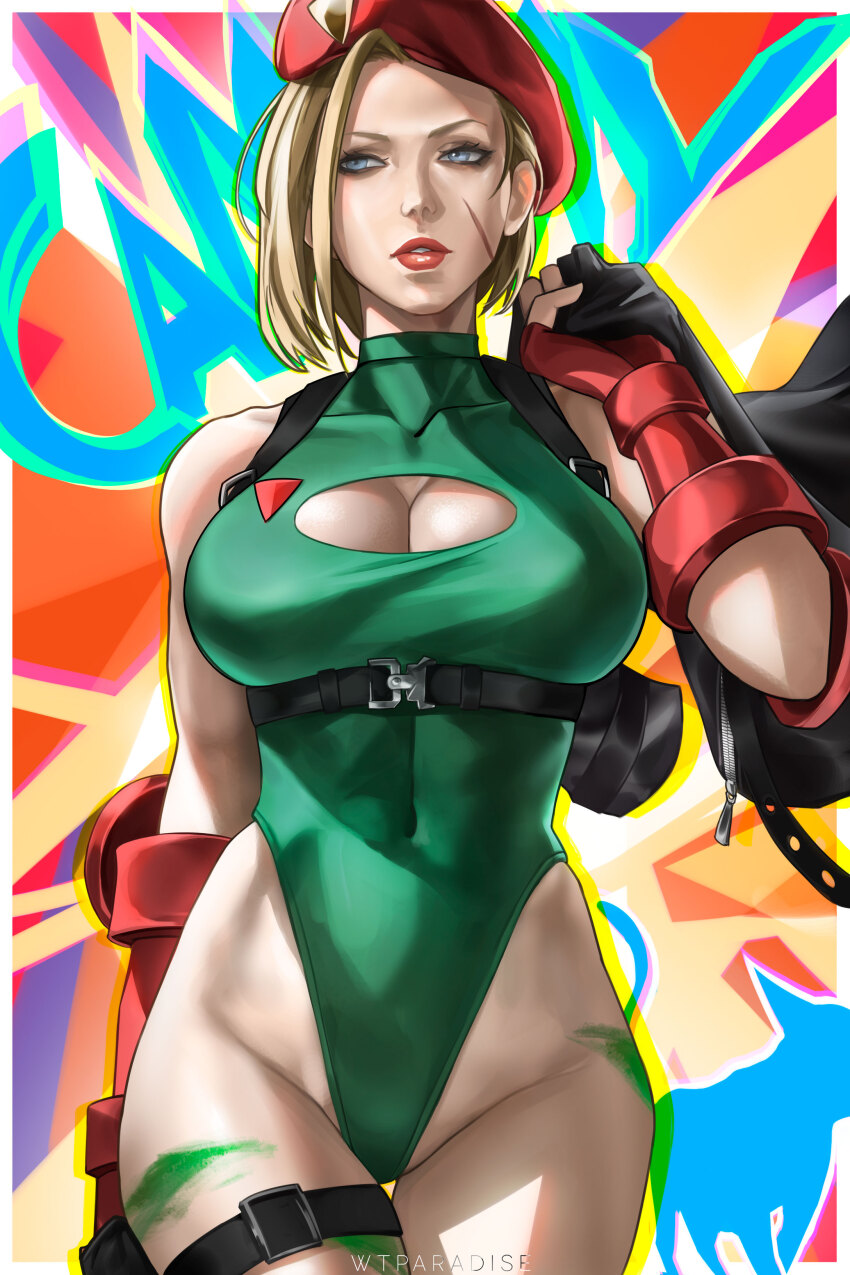 1girl abstract_background absurdres artist_name bare_shoulders beret blonde_hair blue_eyes bodypaint breasts cat character_name chest_harness cleavage cleavage_cutout clothing_cutout commentary covered_abs covered_navel english_commentary expressionless facial_scar fingerless_gloves gloves green_leotard harness hat highleg highleg_leotard highres holding holding_jacket holding_unworn_clothes jacket large_breasts leotard looking_to_the_side red_gloves red_hat red_lips scar scar_on_cheek scar_on_face short_hair sleeveless_turtleneck_leotard solo street_fighter street_fighter_6 unworn_jacket wtparadise