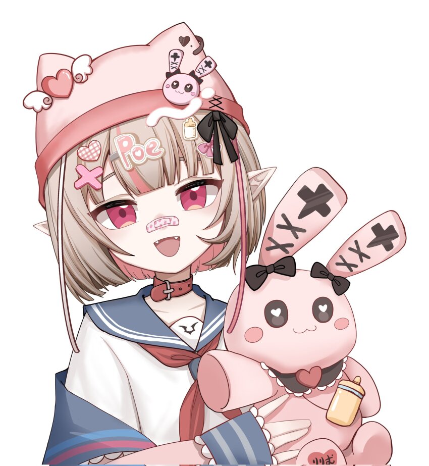 1girl alternate_headwear ameko_(ecko_13z) animal_ear_piercing animal_hat bandaid bandaid_on_face bandaid_on_nose beanie belt_collar black_ribbon blue_sailor_collar bob_cut cat_hat collar colored_inner_hair fangs grey_hair hat hat_ornament heart heart_hat_ornament highres holding holding_stuffed_toy jacket looking_at_viewer makaino_ririmu makaino_ririmu_(4th_costume) medium_hair multicolored_hair neckerchief nijisanji off_shoulder open_clothes open_jacket open_mouth pink_hair pink_hat pink_jacket pink_streaks pointy_ears red_collar red_eyes red_neckerchief ribbon sailor_collar school_uniform serafuku shirt sidelocks simple_background sleeves_past_wrists smile solo streaked_hair stuffed_animal stuffed_rabbit stuffed_toy two-tone_hair upper_body virtual_youtuber white_background white_shirt wing_hat_ornament