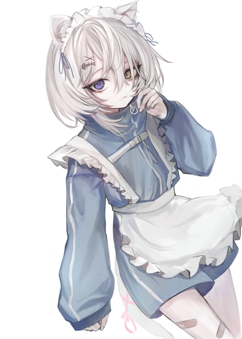1girl animal_ear_fluff animal_ears apron bandaid bandaid_on_leg blue_jacket brown_eyes cat_ears cat_girl cat_tail closed_mouth commentary frilled_apron frills grey_hair hair_between_eyes hand_up hasunokaeru heterochromia highres jacket jersey_maid long_sleeves looking_at_viewer maid original puffy_long_sleeves puffy_sleeves purple_eyes simple_background sleeves_past_wrists solo tail track_jacket unconventional_maid white_apron white_background